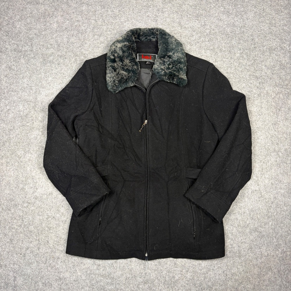 LEI Womens Black Zip Up Jacket Faux Fur Collar Vintage Style Size Large
